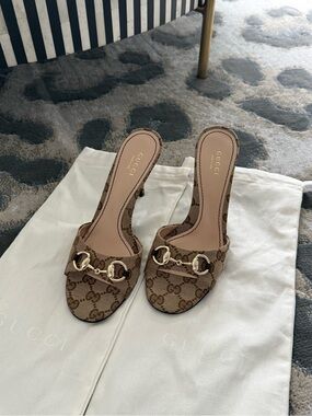 Gucci Brown GG Canvas Horsebit Mules with Gold Hardware